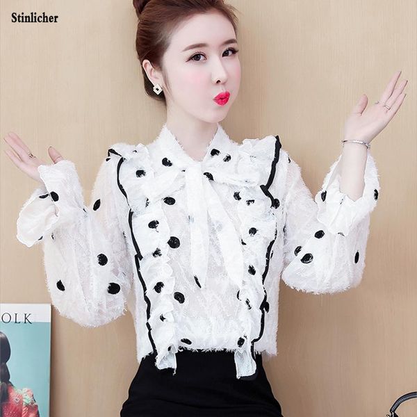 women's blouses & shirts women bow ruffled polka dot lace shirt blouse fashion long sleeve tassel fairy party, White
women's blouses & shirts women bow ruffled polka dot lace shirt blouse fashion long sleeve tassel fairy party, White