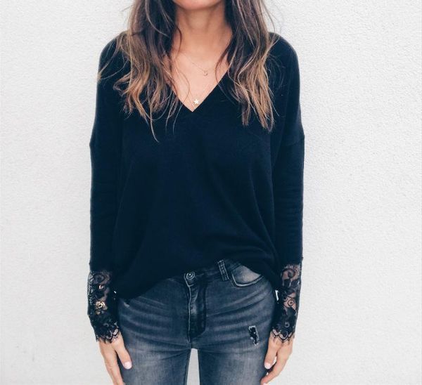 fashion women black shirts lace splice sleeve pullovers auutmn casual loose v-neck lady bagger bottoming, White
fashion women black shirts lace splice sleeve pullovers auutmn casual loose v-neck lady bagger bottoming, White