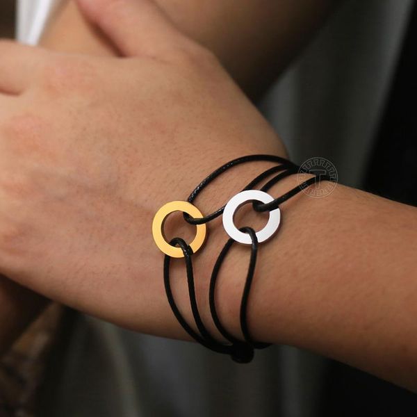 link, chain simple ring charm leather rope bracelets for men women gold color stainless steel circle man-made jewelry gift ltbl00901, Black
link, chain simple ring charm leather rope bracelets for men women gold color stainless steel circle man-made jewelry gift ltbl00901, Black