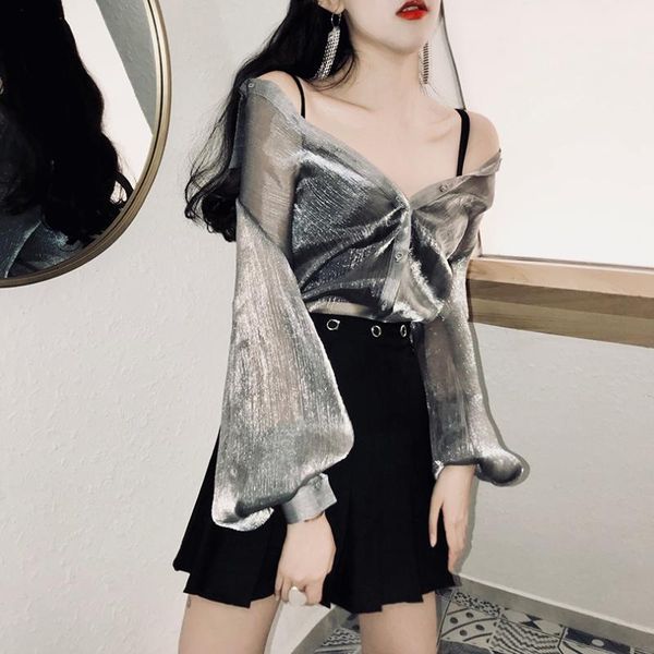 women's blouses & shirts loose transparent summer 2021 korean-style multi-color long-sleeved blusas clothing blouse shirt 941f, White
women's blouses & shirts loose transparent summer 2021 korean-style multi-color long-sleeved blusas clothing blouse shirt 941f, White