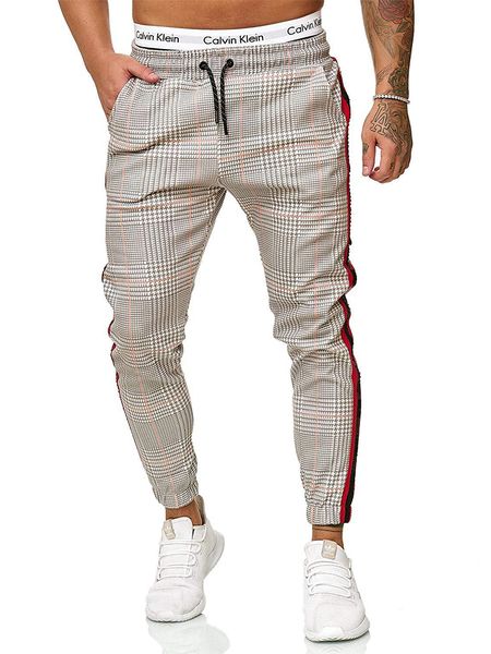men's pants casual streetwear sports trousers drawstring side stripe printing plaid style skinny elastic waist tie men trousers, Black 
men's pants casual streetwear sports trousers drawstring side stripe printing plaid style skinny elastic waist tie men trousers, Black