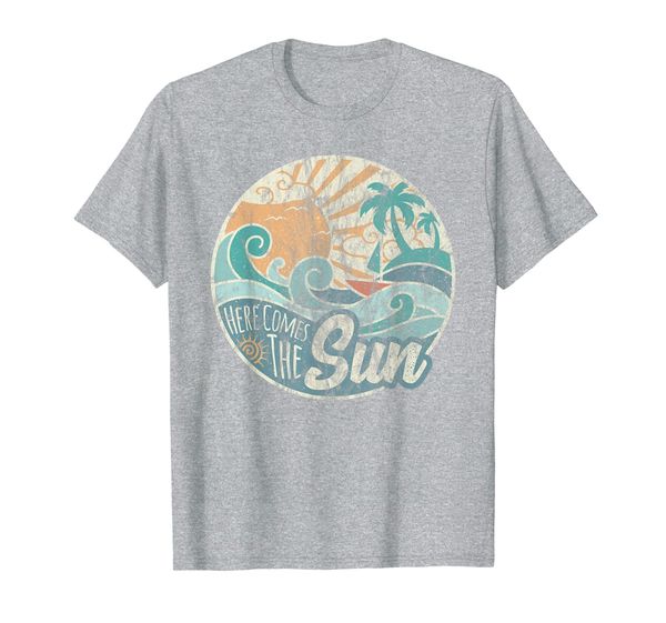 here comes the sun retro 60s faded summer t-shirt, White;black