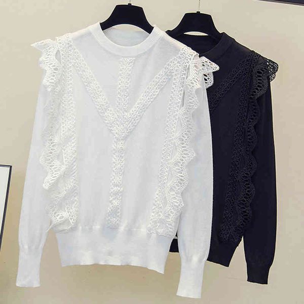 women's sweaters lace patchwork sleeve long knitted woman's casual sweater fall korean fashion female hcdw, White;black 
women's sweaters lace patchwork sleeve long knitted woman's casual sweater fall korean fashion female hcdw, White;black