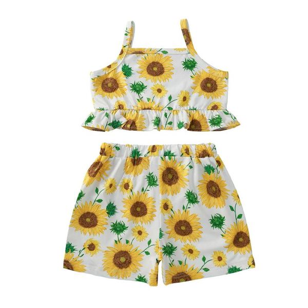 kids baby girls fashion 2-piece outfit set sleeveless sunflower print +shorts set, White