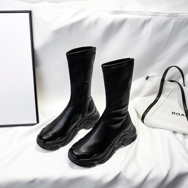 boots genuine leather women round toe thick bottom chunky tube socks casual wild thin slimming slip-on motorcycle, Black
boots genuine leather women round toe thick bottom chunky tube socks casual wild thin slimming slip-on motorcycle, Black