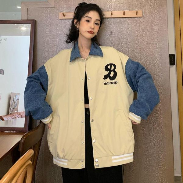 women's jackets baseball jacket oversize bomber embroidery splicing denim coat korean fashion loose autumn 2021 women, Black;brown
women's jackets baseball jacket oversize bomber embroidery splicing denim coat korean fashion loose autumn 2021 women, Black;brown