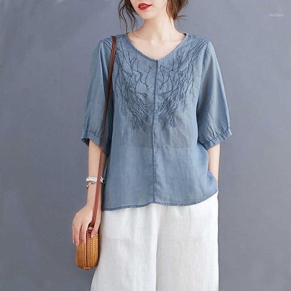 women's blouses & shirts pure ramie loose art heavy industry embroidery t-shirt summer lantern sleeve v-neck cotton shirt, White
women's blouses & shirts pure ramie loose art heavy industry embroidery t-shirt summer lantern sleeve v-neck cotton shirt, White