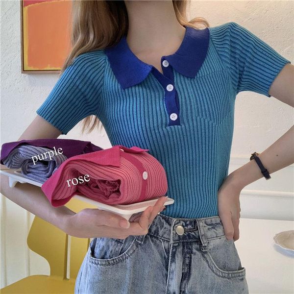 women's polos knitted t-shirt in the summer of 2021 clothing color matching cultivate one's morality show thin with short sleeves, White
women's polos knitted t-shirt in the summer of 2021 clothing color matching cultivate one's morality show thin with short sleeves, White