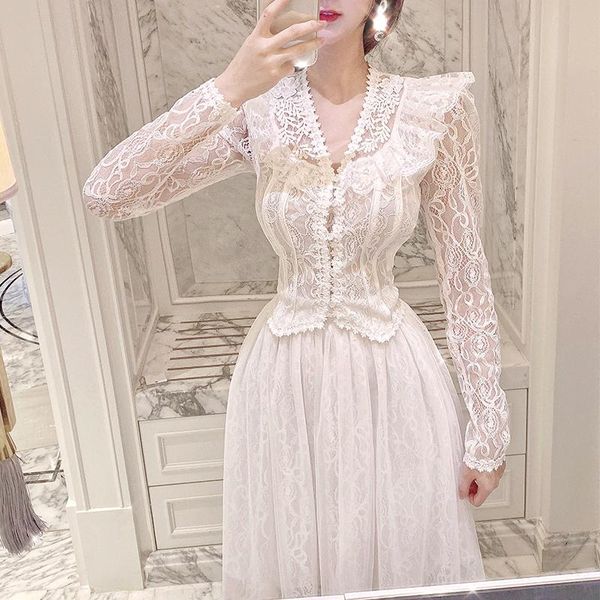 two piece dress summer women's retro royal style ruffles patchwork long sleeve lace single breasted and maxi skirt twinset suit, White
two piece dress summer women's retro royal style ruffles patchwork long sleeve lace single breasted and maxi skirt twinset suit, White
