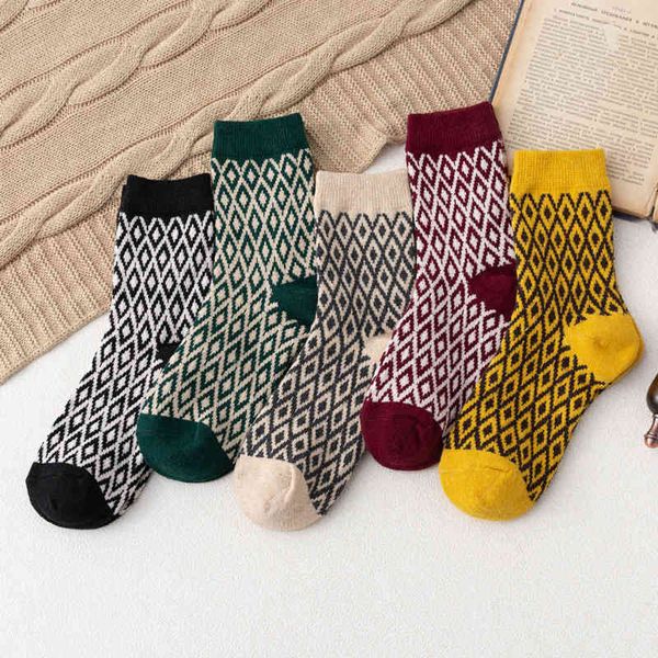 socks 21 thickened warm women's wool double diamond, Black;white