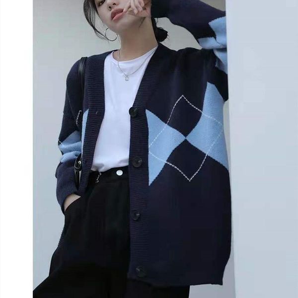 women's knits & tees korean style british dark blue rhombus plaid knitted cardigan sweater loose v-neck mid-length coat female college, White 
women's knits & tees korean style british dark blue rhombus plaid knitted cardigan sweater loose v-neck mid-length coat female college, White