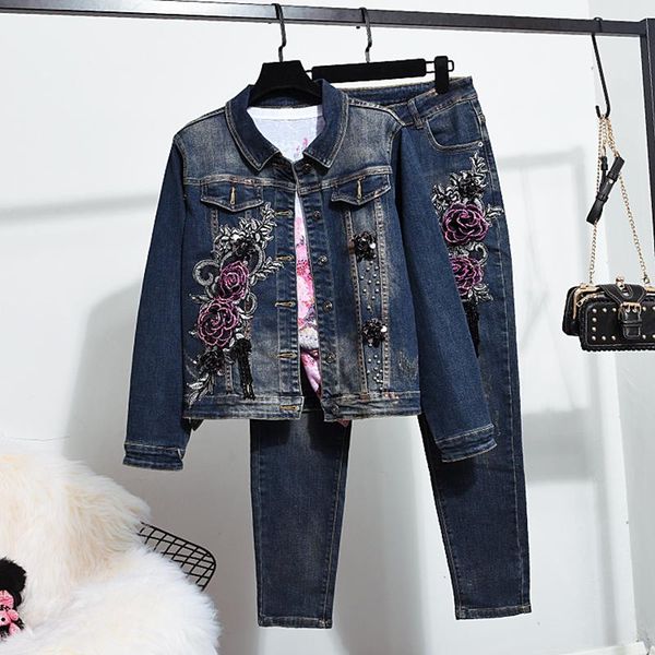 beading embroidery flowers jeans sets women denim jacket coat pencil pants two piece set female streetwear navy blue jeans suit, White
beading embroidery flowers jeans sets women denim jacket coat pencil pants two piece set female streetwear navy blue jeans suit, White