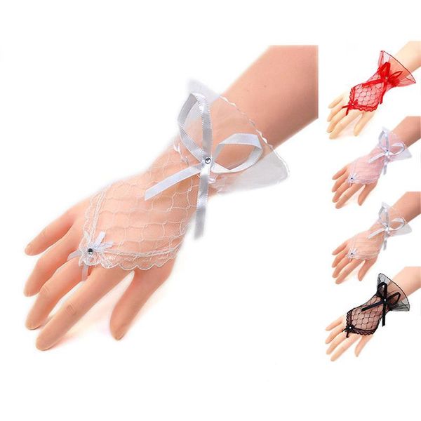 bridal gloves wedding fingerless bowknot crystal lace wrist driving for women, White 
bridal gloves wedding fingerless bowknot crystal lace wrist driving for women, White