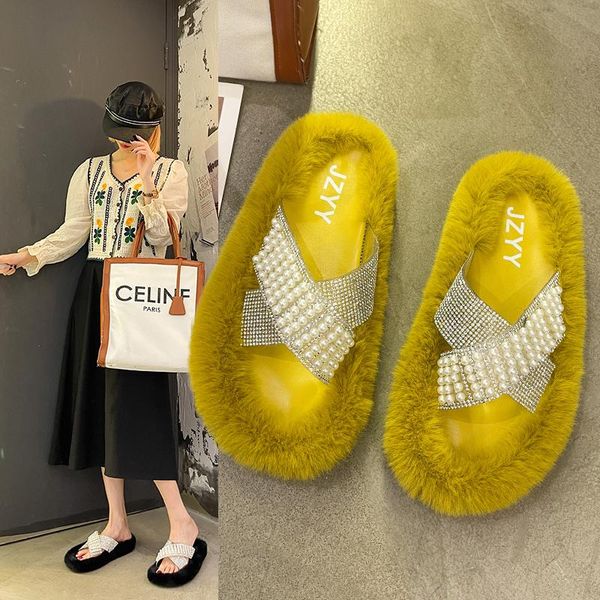 slippers artificial plush home fluffy ladies comfortable flat sandals pearl rhinestone women's shoes indoor flip-flops, Black
slippers artificial plush home fluffy ladies comfortable flat sandals pearl rhinestone women's shoes indoor flip-flops, Black