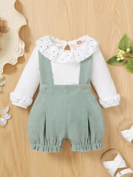 baby polka dot ruffle trim bodysuit with frill trim pinafore shorts she, White