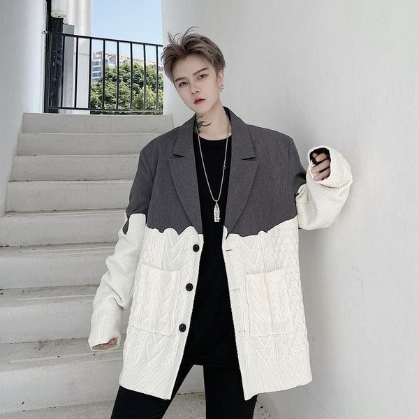 men's suits & blazers 2021 autumn single breasted stitched knitted woolen mid length suit coat patchwork light luxury blazer for male, White;black
men's suits & blazers 2021 autumn single breasted stitched knitted woolen mid length suit coat patchwork light luxury blazer for male, White;black