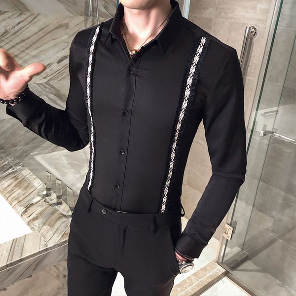 men's striped casual long sleeve shirt with fine dress fit streetwear social club party kqdy, White;black