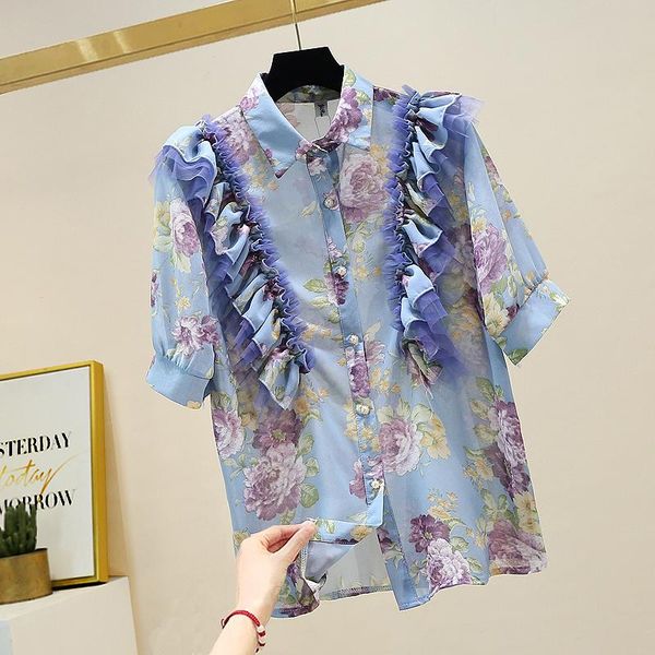 women's blouses & shirts ruffles short sleeve shirt women 2021 summer ladies camisas de mujer sweet thin flower print chiffon button u, White