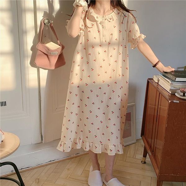kawaii korean cotton nightgown womens sleepwears cherry print ruffles soft loose o neck buttons short sleeve home clothes homewear, Black;red
kawaii korean cotton nightgown womens sleepwears cherry print ruffles soft loose o neck buttons short sleeve home clothes homewear, Black;red