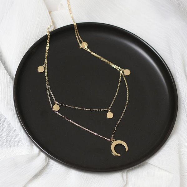 pendant necklaces double chain moon wafer necklace for women stainless steel stacking choker party accessories, Silver
pendant necklaces double chain moon wafer necklace for women stainless steel stacking choker party accessories, Silver