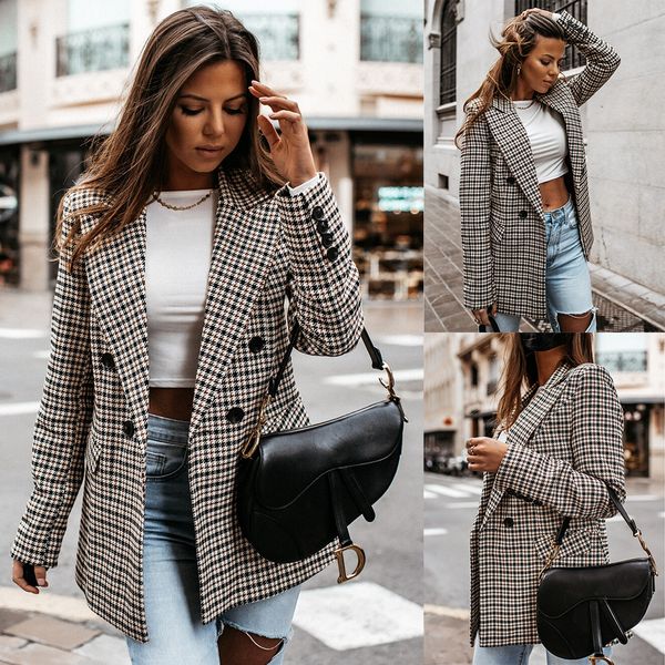 office ladies lapel vintage plaid women blazer double breasted autumn jacket, White;black
office ladies lapel vintage plaid women blazer double breasted autumn jacket, White;black