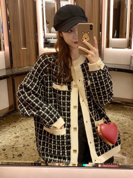spring 2021 new sweater coat retro shirt check long sleeve single breasted plaid loose knit cardigan tide ladies qb321, Black;brown
spring 2021 new sweater coat retro shirt check long sleeve single breasted plaid loose knit cardigan tide ladies qb321, Black;brown