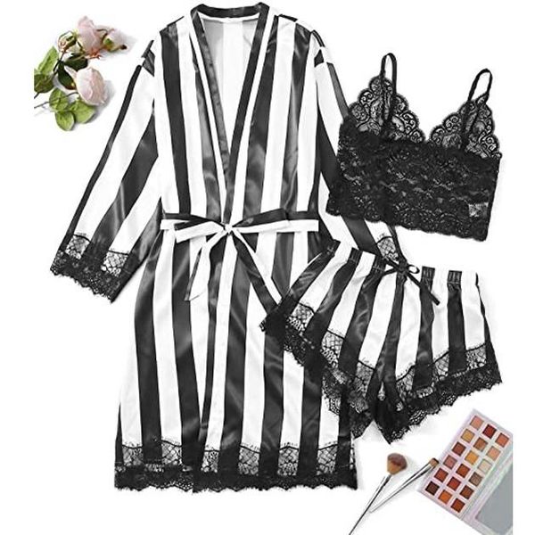 three-piece ladies lace nightgown plus size lingerie women silk stripe robe satin bathrobe sleepwear pajamas, White;black
three-piece ladies lace nightgown plus size lingerie women silk stripe robe satin bathrobe sleepwear pajamas, White;black