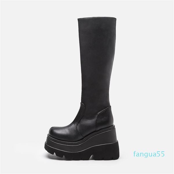 women leather shoes spring winter high platform heels elasticity motorcycles black boots goth zip women's knee 211018
women leather shoes spring winter high platform heels elasticity motorcycles black boots goth zip women's knee 211018
