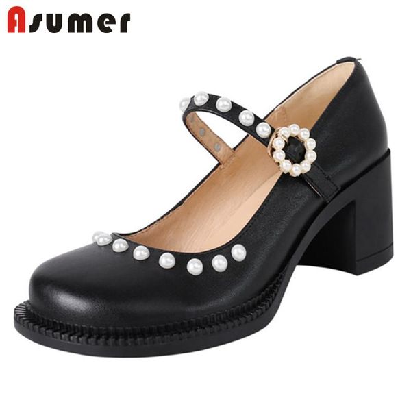 dress shoes asumer 2021 genuine leather women pumps mary jane round toe pearl buckle thick high heels single lady, Black
dress shoes asumer 2021 genuine leather women pumps mary jane round toe pearl buckle thick high heels single lady, Black