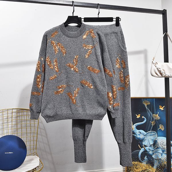 fashion black knitted outfits women tracksuits manual gold sequins leaf sweater long pants two piece set female loose knit suit 1fxh, Blue
fashion black knitted outfits women tracksuits manual gold sequins leaf sweater long pants two piece set female loose knit suit 1fxh, Blue