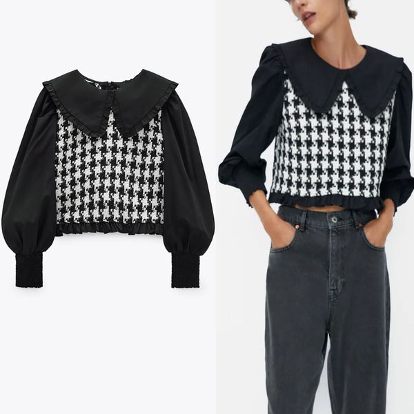 za patchwork tweed crop blouse women long puff sleeve peter pan collar vintage shirts woman fashion ruffle black short 210225, White
za patchwork tweed crop blouse women long puff sleeve peter pan collar vintage shirts woman fashion ruffle black short 210225, White