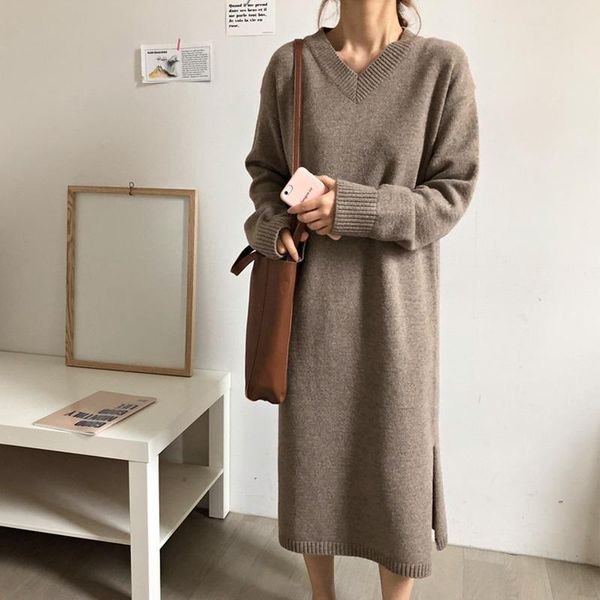 casual dresses autumn winter solid knitted cotton sweater women retro fashion loose v-neck pullover female dress vestidos, Black;gray
casual dresses autumn winter solid knitted cotton sweater women retro fashion loose v-neck pullover female dress vestidos, Black;gray