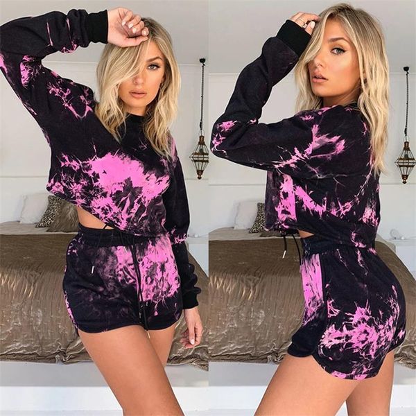 two piece set women tracksuit 2021 spring summer clothes tie dye sweatshirt outfits crop + shorts co ord sets ensemble femme, Gray 
two piece set women tracksuit 2021 spring summer clothes tie dye sweatshirt outfits crop + shorts co ord sets ensemble femme, Gray
