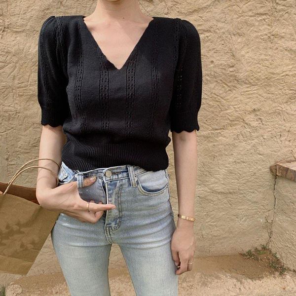 women's t-shirt summer thin v-neck knitted female wild hollow short jacket slim slimming short-sleeved women, White
women's t-shirt summer thin v-neck knitted female wild hollow short jacket slim slimming short-sleeved women, White