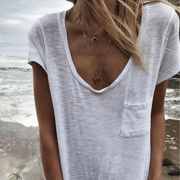 women's t-shirt casual loose summer women v neck large neckline short sleeve solid color pockets long t shirt, White
women's t-shirt casual loose summer women v neck large neckline short sleeve solid color pockets long t shirt, White