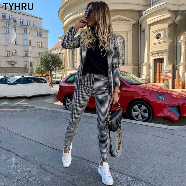 women's two piece pants tyhru fashion blazer two-piece plaid single button women and trousers 2-piece suit whks, White