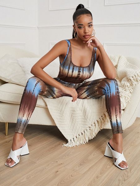 sxy scoop neck tie dye skinny jumpsuit x2zf#, White