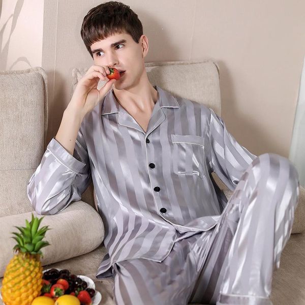 men's silk pajamas spring autumn thin two-piece cardigan striped home wear sleep plus size long sleeve mens lounge wear, Black;brown
men's silk pajamas spring autumn thin two-piece cardigan striped home wear sleep plus size long sleeve mens lounge wear, Black;brown