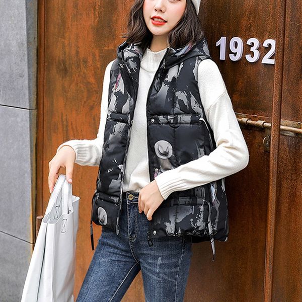 women fashion outerwear sleeveless hooded slim jackets cotton-padded print coats female slim vest female windproof warm vest, Black;white 
women fashion outerwear sleeveless hooded slim jackets cotton-padded print coats female slim vest female windproof warm vest, Black;white