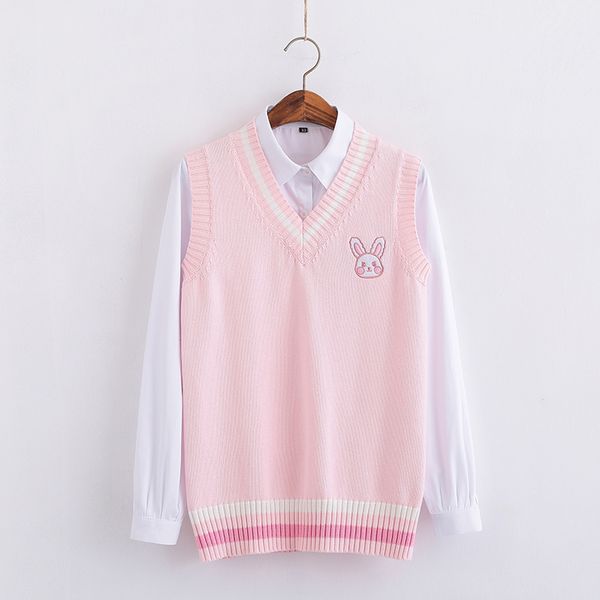 pink small rabbit embroidery pattern sweater vest high school japanese-style knitting pullover, Black
pink small rabbit embroidery pattern sweater vest high school japanese-style knitting pullover, Black