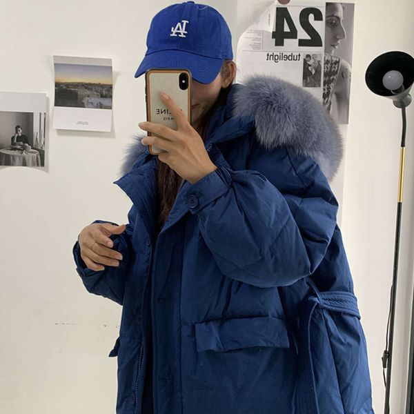 version large wool collar waist closing loose thickened down jacket women's casual knee length white duck, Black
version large wool collar waist closing loose thickened down jacket women's casual knee length white duck, Black