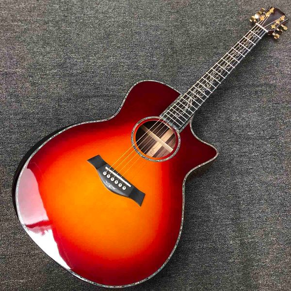 custom grand solid spruce acoustic guitar ebony fingerboard cutaway arm rest abalone inlays with open tuner in cherryburst
custom grand solid spruce acoustic guitar ebony fingerboard cutaway arm rest abalone inlays with open tuner in cherryburst
