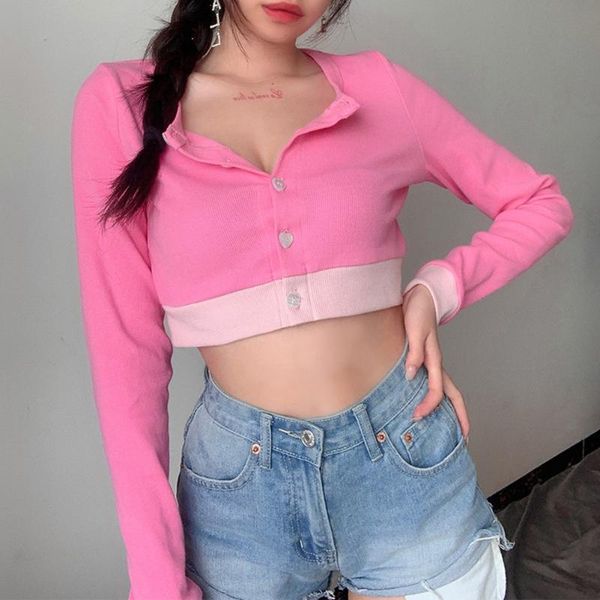women's t-shirt sweet single-breasted patchwork ribbed cropped y2k pink round neck long sleeve t-shirs autumn women casual cardigan, White
women's t-shirt sweet single-breasted patchwork ribbed cropped y2k pink round neck long sleeve t-shirs autumn women casual cardigan, White