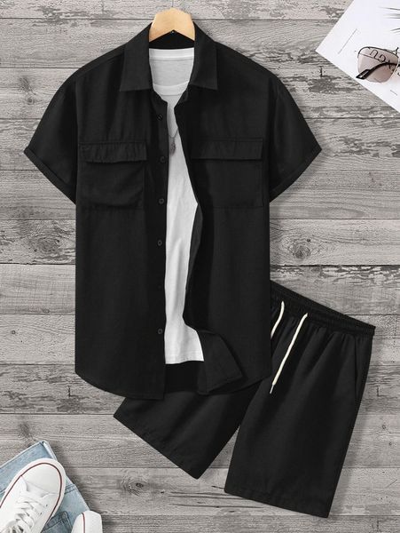 men flap pocket button up shirt with drawstring waist shorts without tee y14w#, Gray
men flap pocket button up shirt with drawstring waist shorts without tee y14w#, Gray