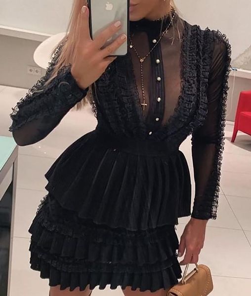 

casual dresses mock neck sheer mesh insert ruffles buttoned dress, Black;gray