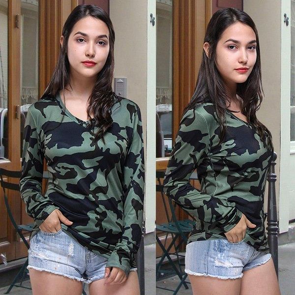women summer autumn fashion long sleeve v-neck camouflage printing slim casual t-shirt army all match tee, White 
women summer autumn fashion long sleeve v-neck camouflage printing slim casual t-shirt army all match tee, White