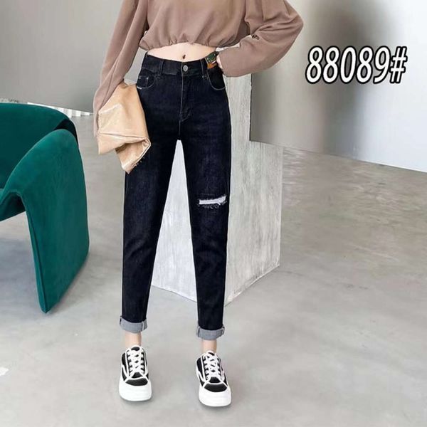 women's version fashion hole high waist pants wear, Blue