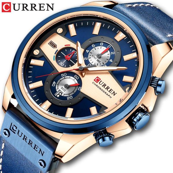 wristwatches curren man watches fashion casual quartz sporty 2021 blue clock male chronograph leather watch, Slivery;brown