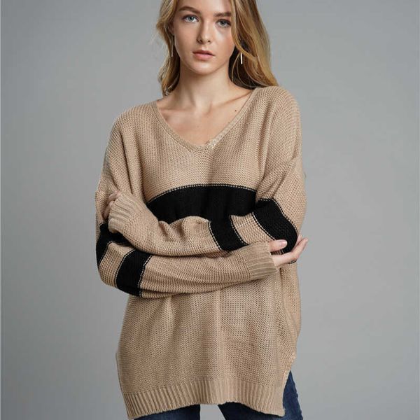 women's sweater autumn loose v-neck stitching striped temperament fashion long-sleeved pullover 210527, White;black
women's sweater autumn loose v-neck stitching striped temperament fashion long-sleeved pullover 210527, White;black