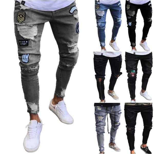 men's jeans fashion casual insignia hole denim pants skinny slim plus size ripped distressed trousers, Blue
men's jeans fashion casual insignia hole denim pants skinny slim plus size ripped distressed trousers, Blue